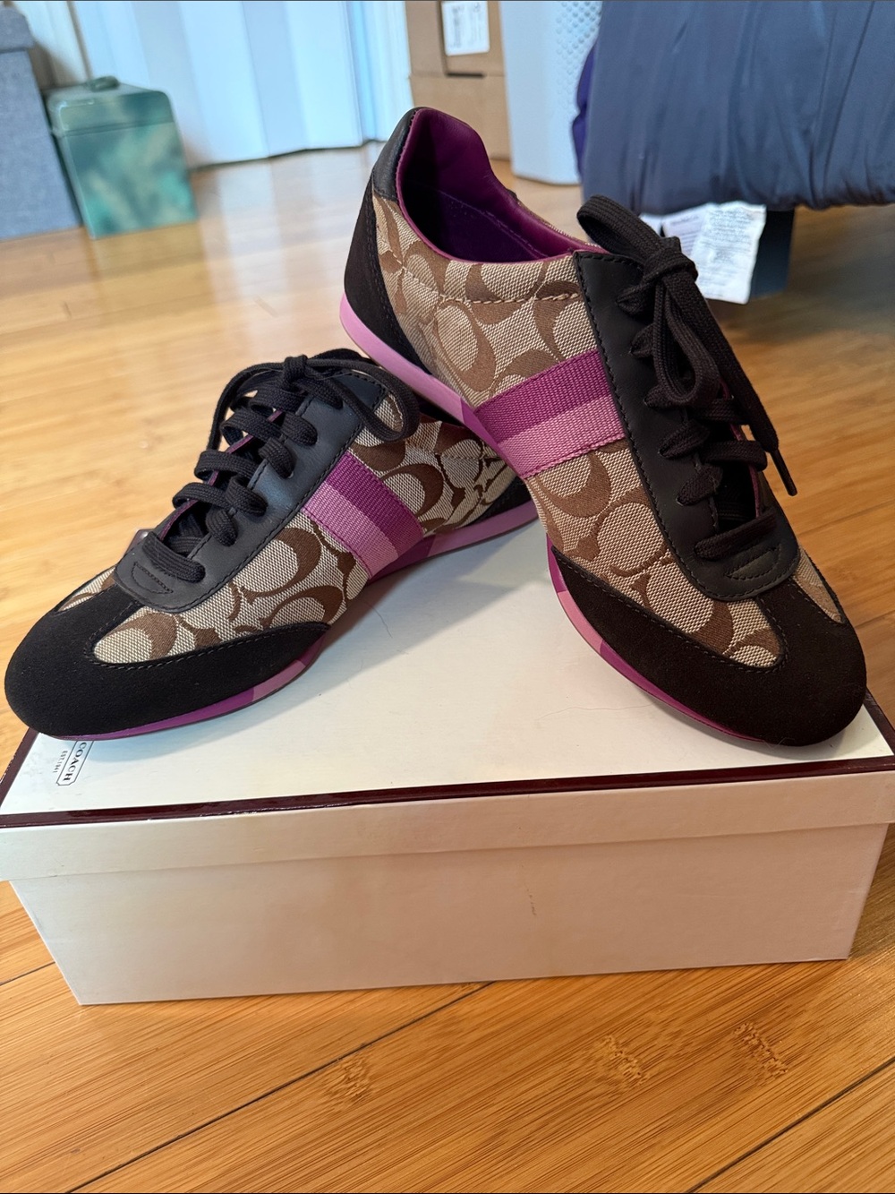 Coach Brown Monogram Sneakers with Pink Stripe Accents